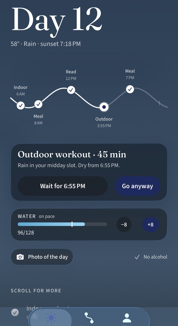 A rain notice: outdoor workout in a wet slot, with options to wait for 6:55 PM or go anyway